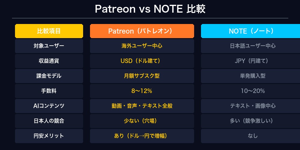 Patreon vs NOTE 比較表