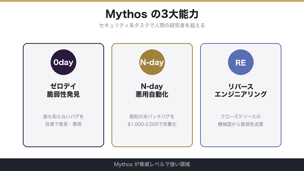 Claude Mythosの3大能力 ゼロデイ・N-day・リバースエンジニアリング